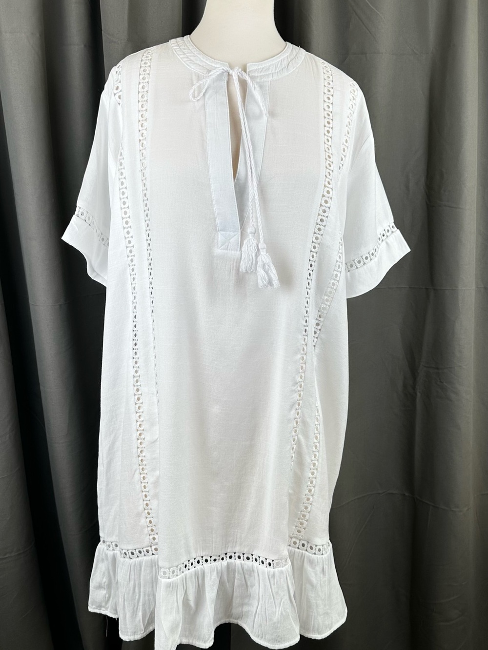 Time and Tru White Eyelet Tassel Shift Dress